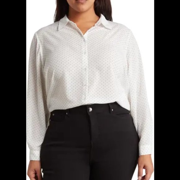 T Tahari Collared Long Sleeve Button Front Shirt White Polka Dots 1X - Picture 1 of 10